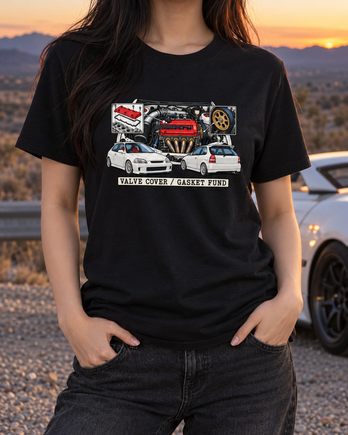 Honda Civic EK9 Patent Drawing Shirt, Hand Ported Valve Cover T-Shirt Black worn hero