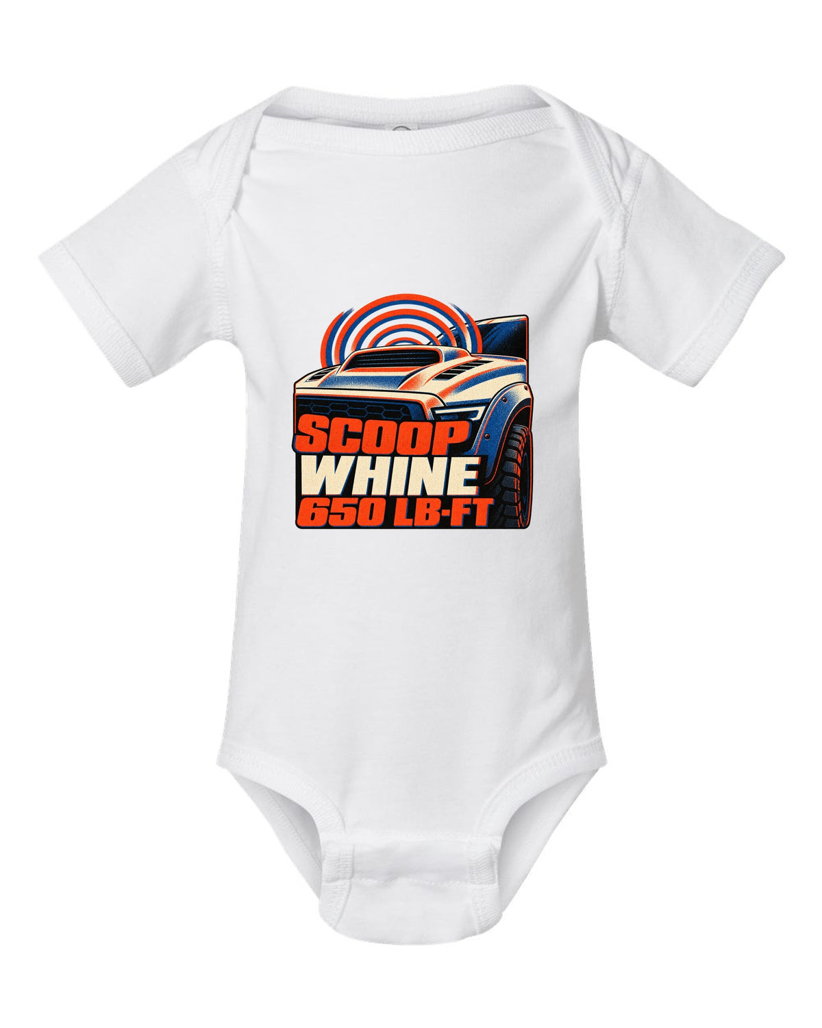 Risograph print of a 2021-2024 Ram 1500 TRX with scoop whine 650 lb-ft text white baby onesie front view with the design