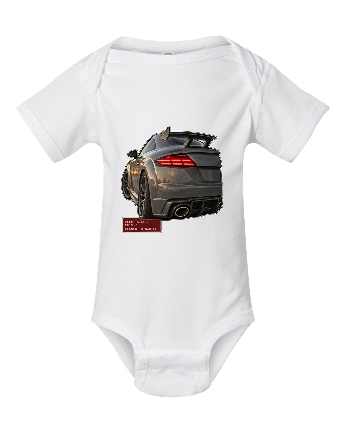 Audi TT RS facelift OLED taillight macro print white baby onesie front view with the design