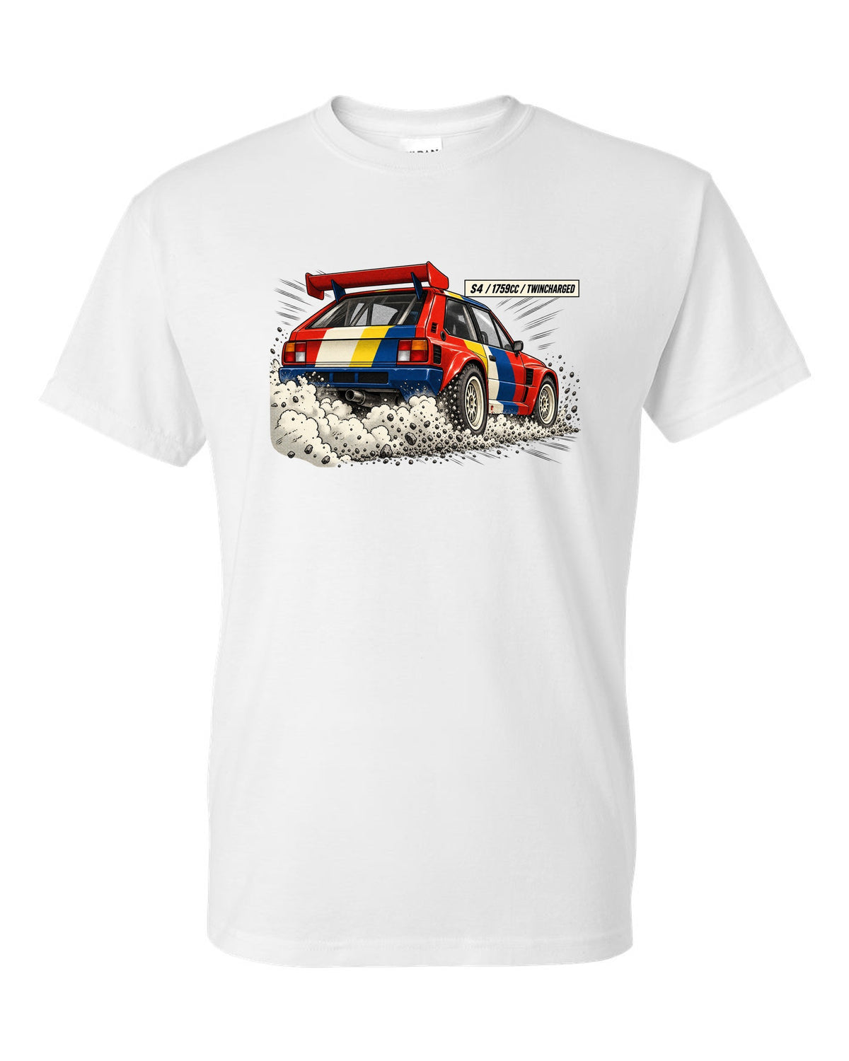 Retro manga halftone panel of the rear of a Lancia Delta S4 with twincharged lettering white t-shirt front view with the design