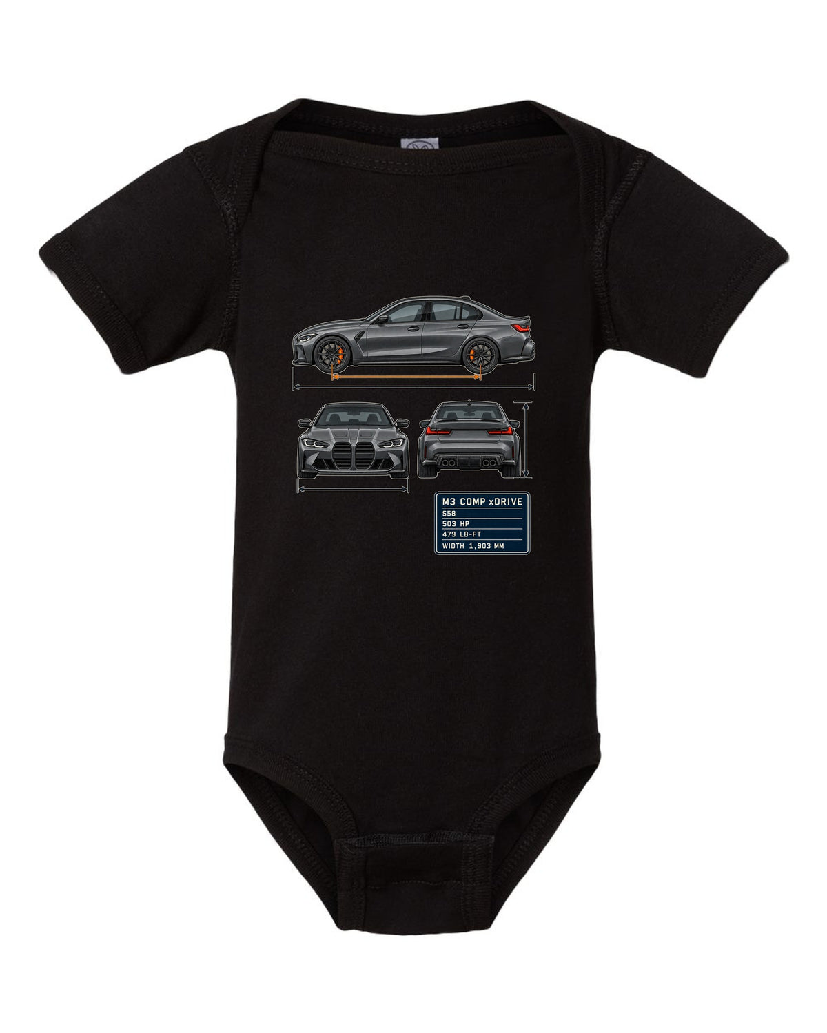 BMW M3 Competition xDrive G80 three-view drawing with spec table print black baby onesie front view with the design