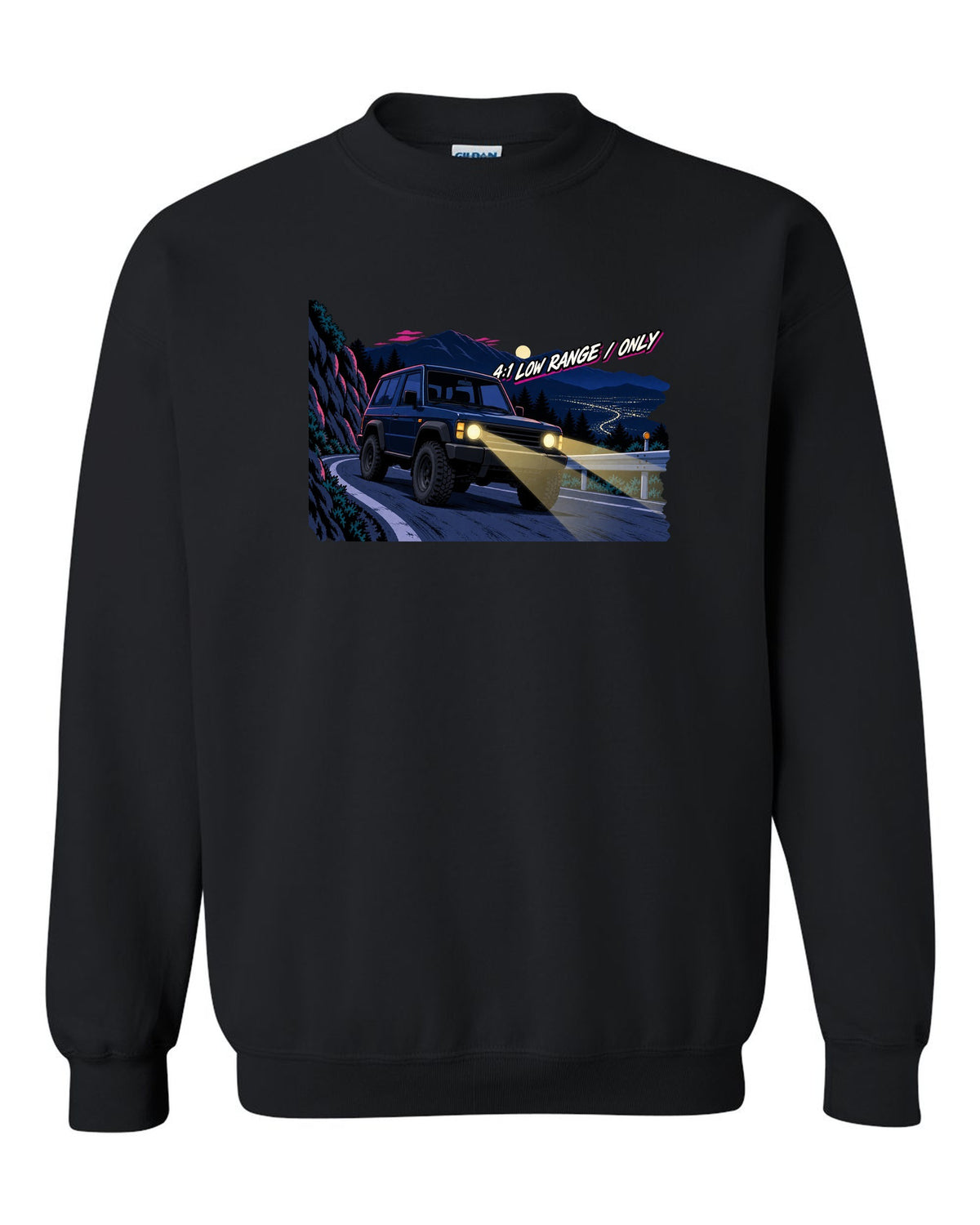 Jeep Wrangler JLU cel-shaded 90s anime night mountain pass with 4:1 low range only text black crewneck front view with the design