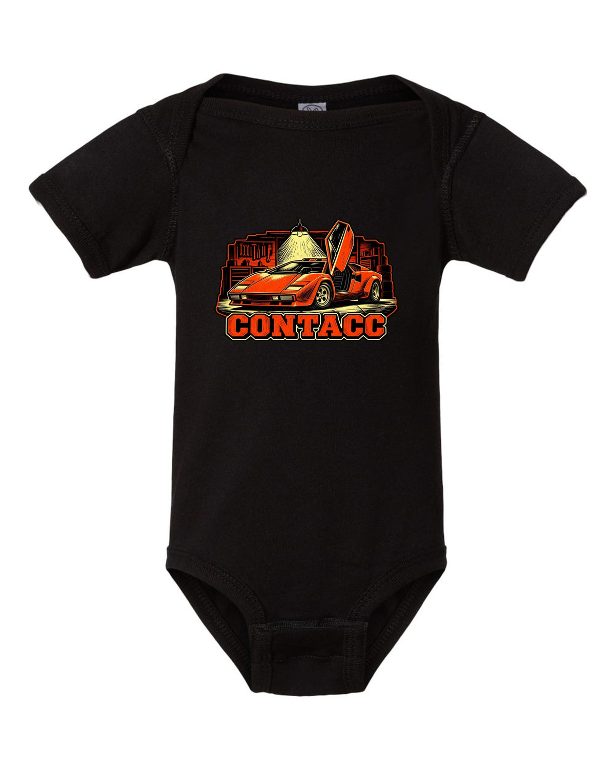 Linocut woodcut print of a 1974 Lamborghini Countach LP400 in a garage under one bulb black baby onesie front view with the design