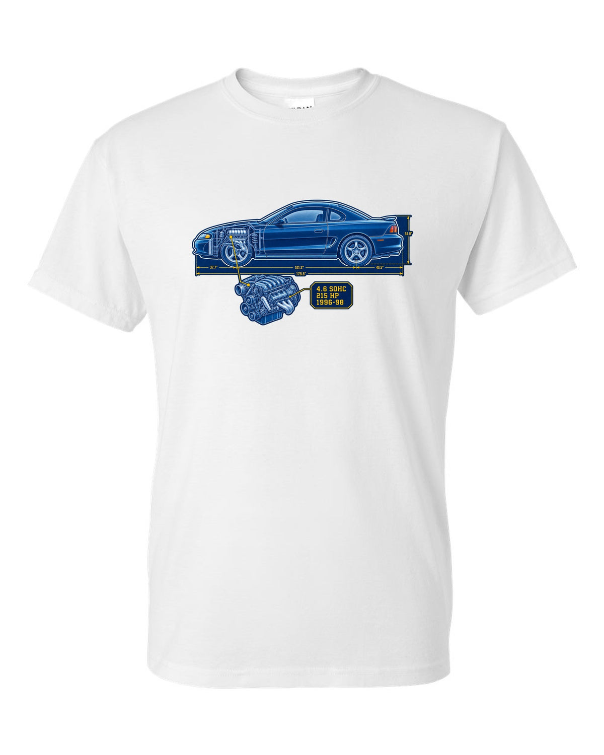 Cyanotype blueprint print of a 1994-98 Ford Mustang SN95 coupe white t-shirt front view with the design