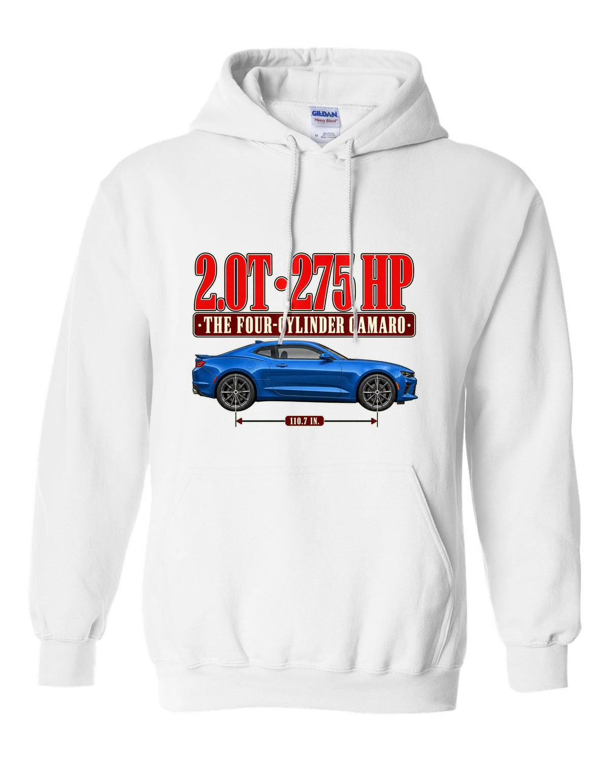 Editorial headline print for a Chevrolet Camaro 2.0T Turbo 1LE white pull over hoodie front view with the design