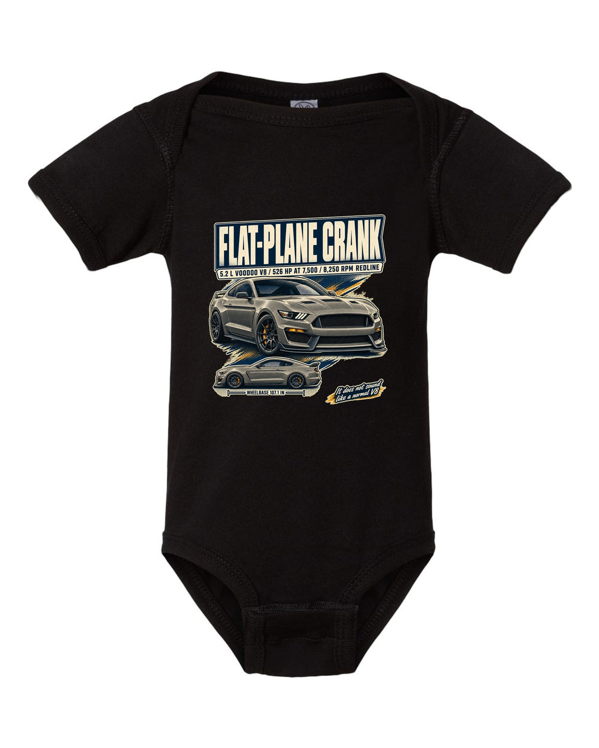 Ford Mustang S550 Shelby GT350 editorial headline print about the flat-plane crank V8 black baby onesie front view with the design