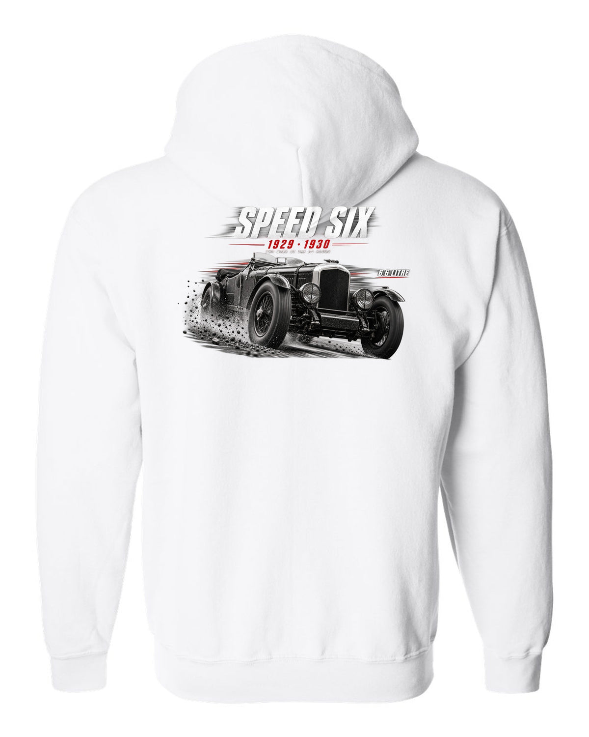 Bentley Speed Six Le Mans race poster 1929 and 1930 white zip hoodie back view with the design