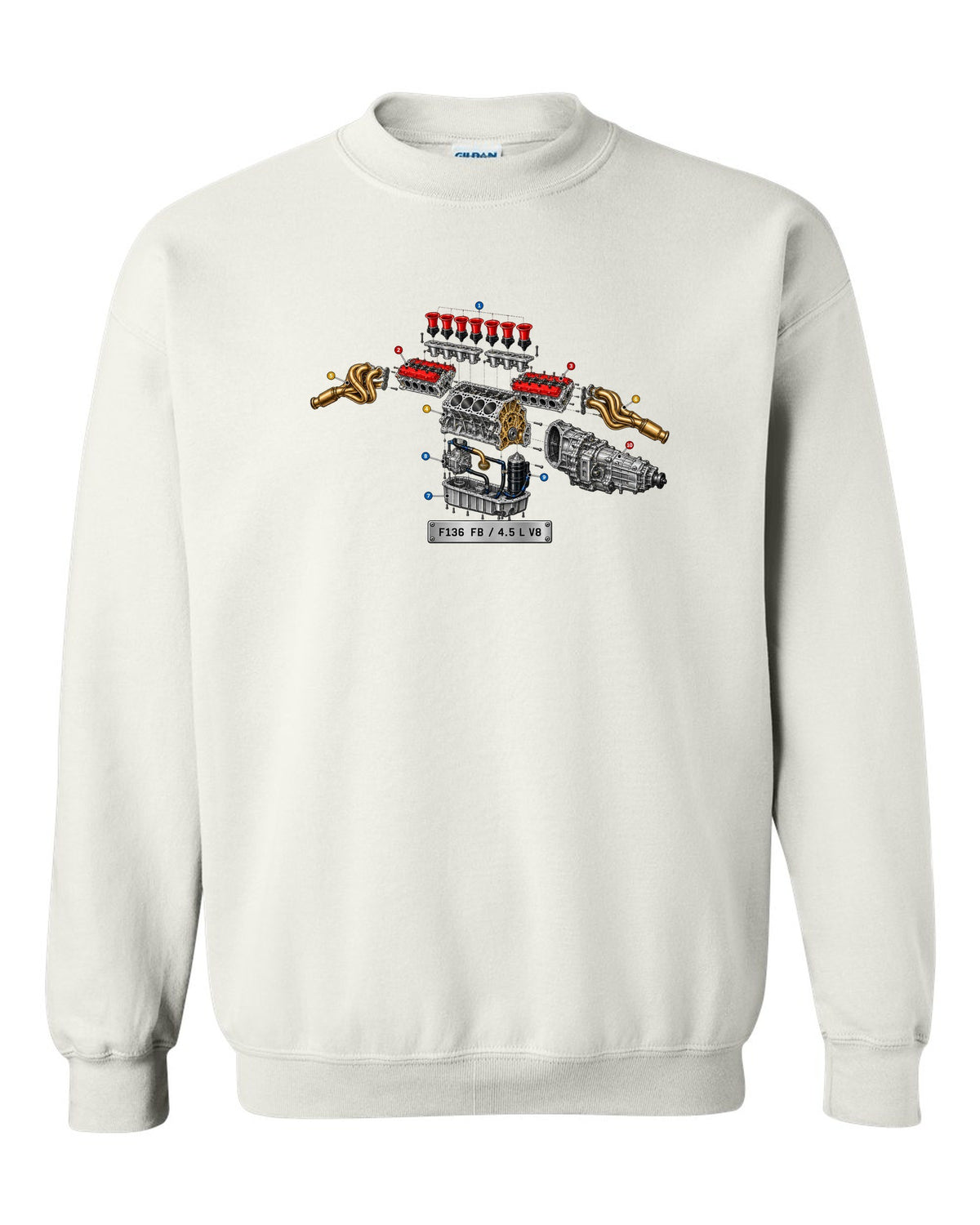 Exploded view of the Ferrari 458 Italia F136 FB V8 with numbered callouts white crewneck front view with the design