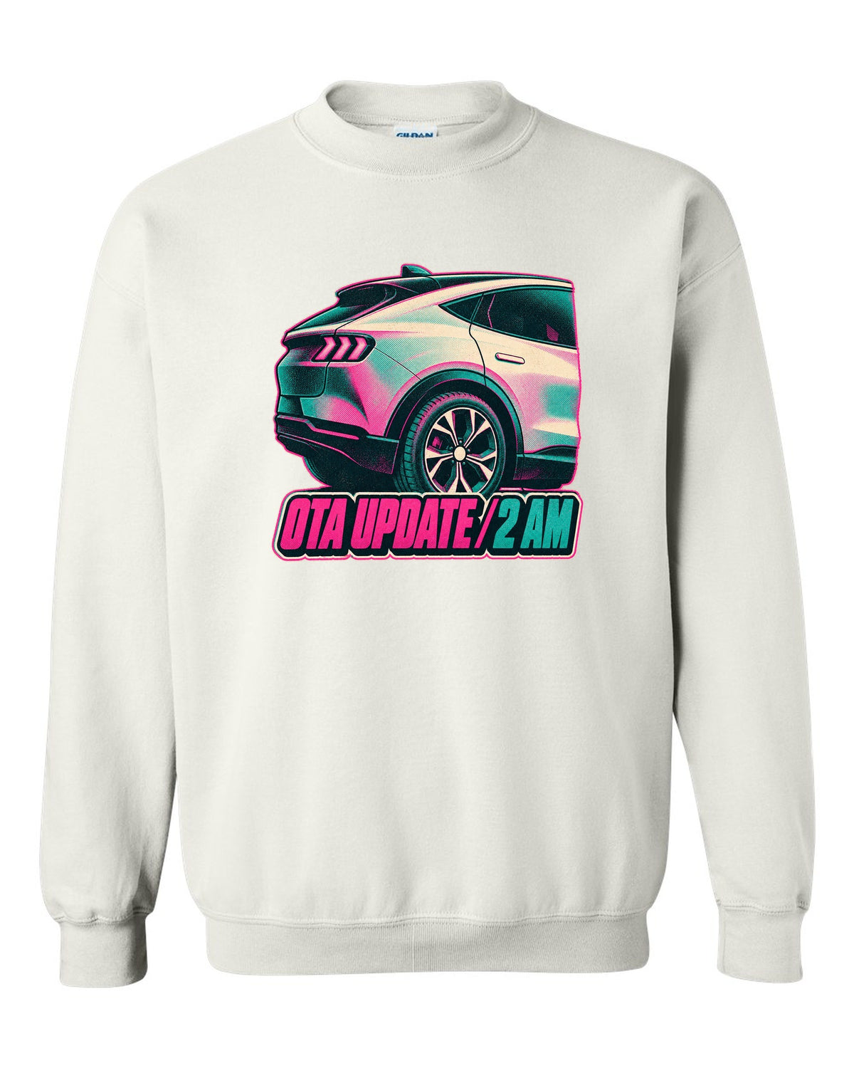 Risograph halftone wheel print of a 2020 Mustang Mach-E CX727 reading OTA Update 2 AM white crewneck front view with the design