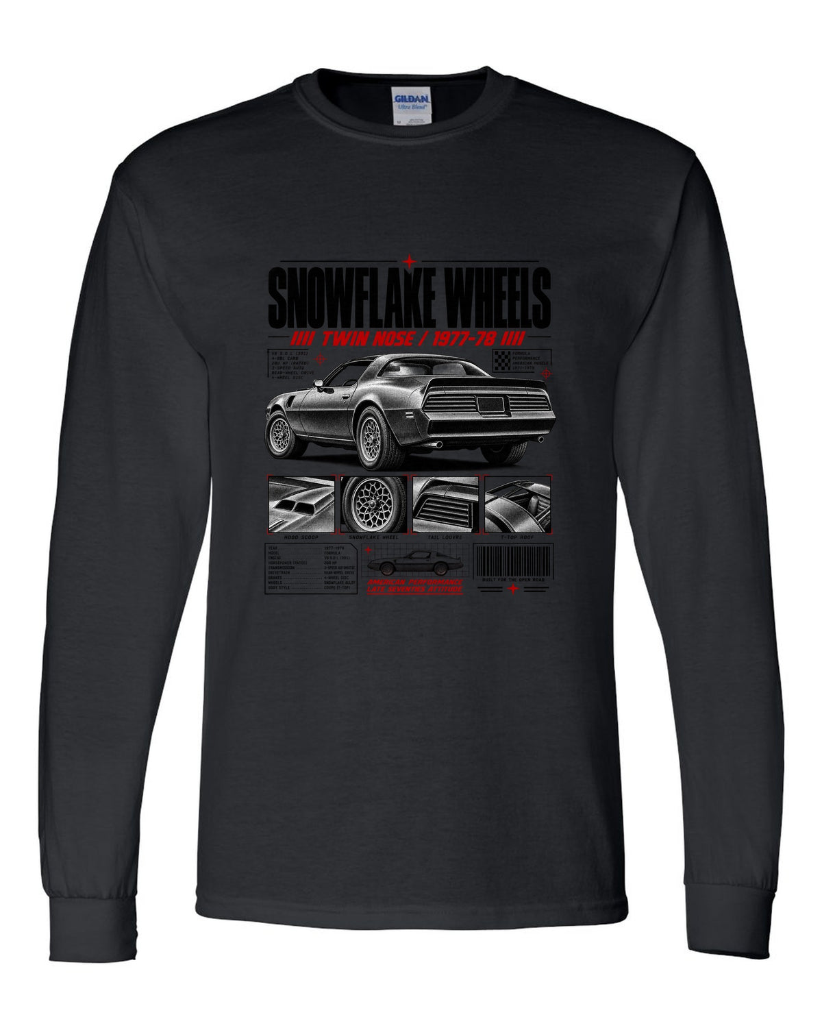 print dossier panels of a 1978 Pontiac Firebird Formula with snowflake wheels black long sleeve front view with the design