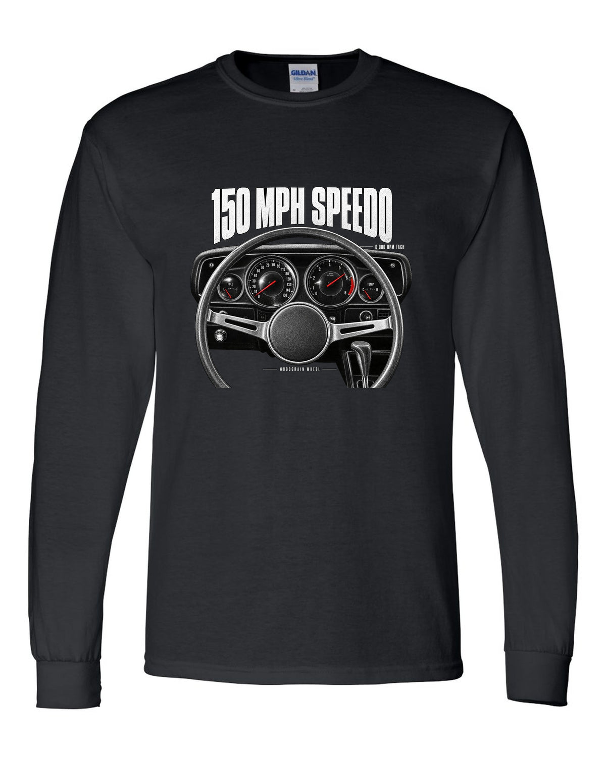 Cockpit gauge print of a 1970 Dodge Challenger R/T with speedometer, tach and woodgrain wheel black long sleeve front view with the design