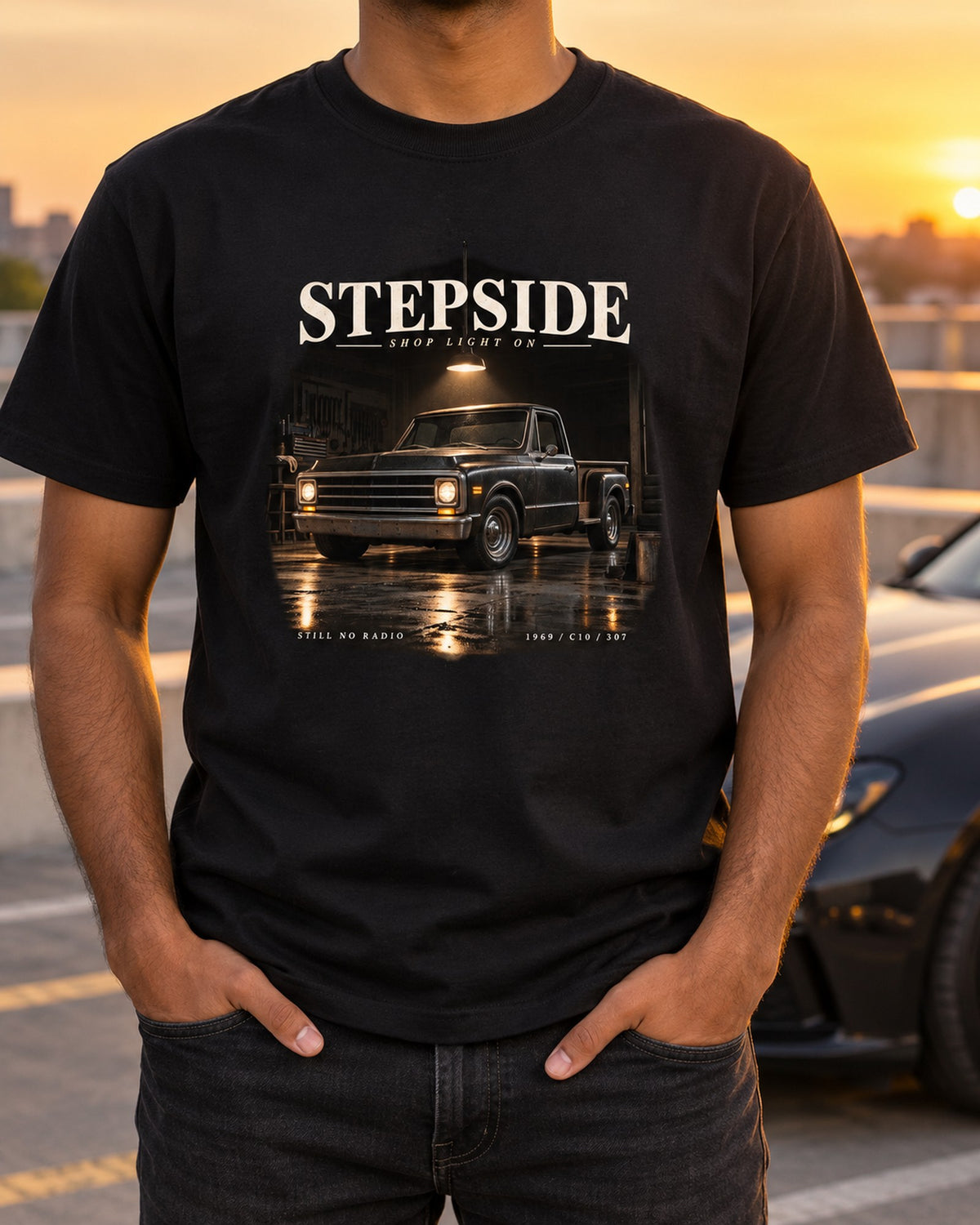 Chevy C10 Stepside Garage Night Shirt, Truck Guy Gift T-Shirt Black worn hero