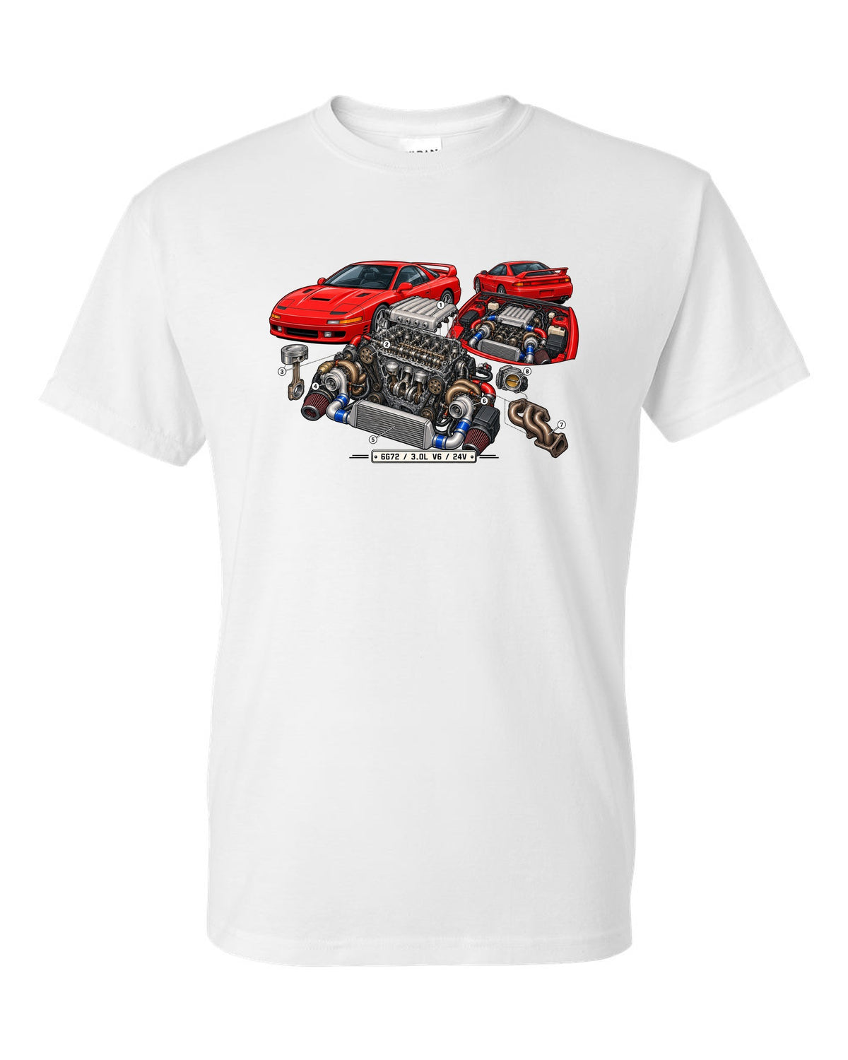 Exploded engine cutaway print of the 6G72 V6 for the Mitsubishi 3000GT VR-4 with 3.0L 24V text white t-shirt front view with the design