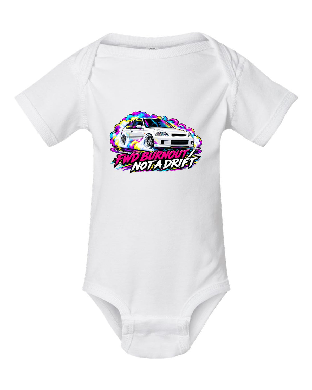 Neon pop style print of a Honda Civic Type R EK9 doing a FWD burnout with not a drift text white baby onesie front view with the design