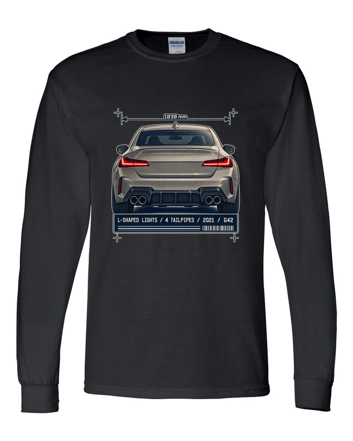 BMW M240i G42 rear taillight and tailpipe macro print black long sleeve front view with the design