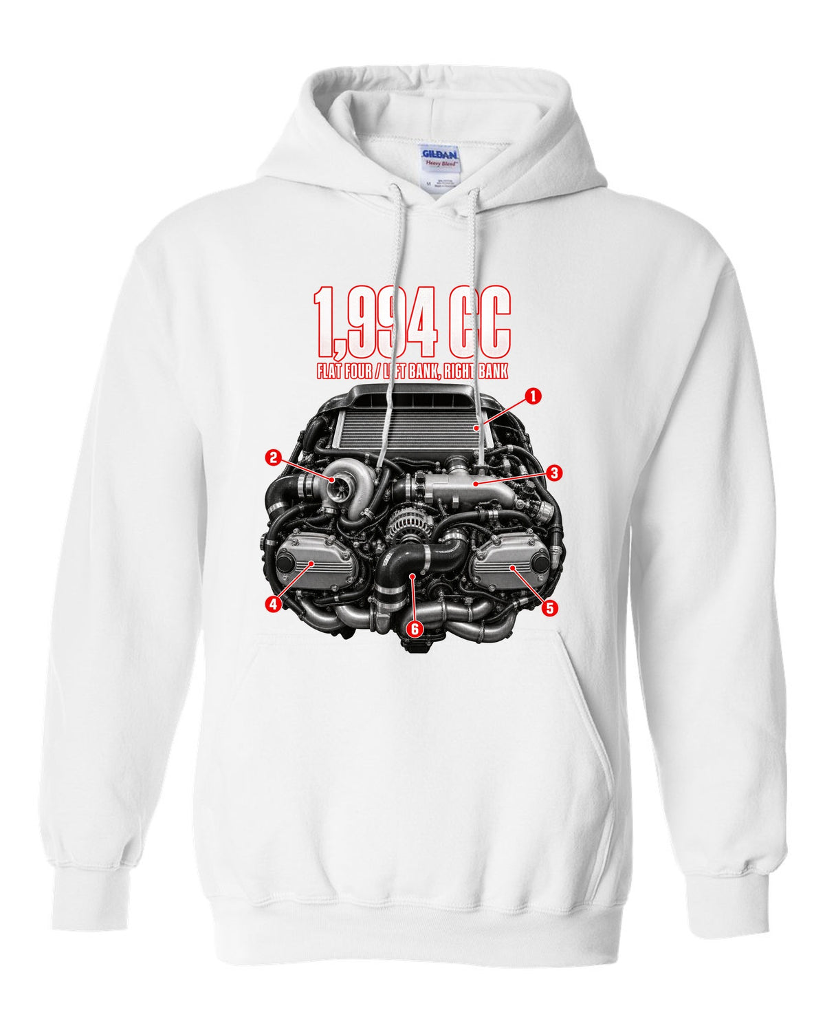 Subaru EJ20K flat-four boxer engine anatomy illustration from a GC8 WRX white pull over hoodie front view with the design