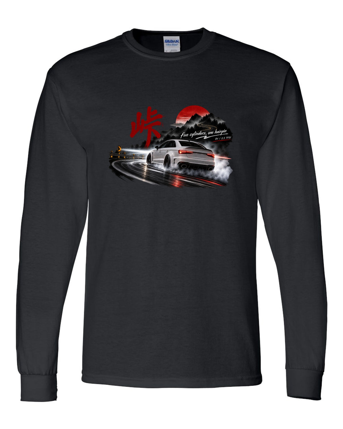 Audi RS3 8V sedan rear three-quarter sliding at night with touge kanji black long sleeve front view with the design
