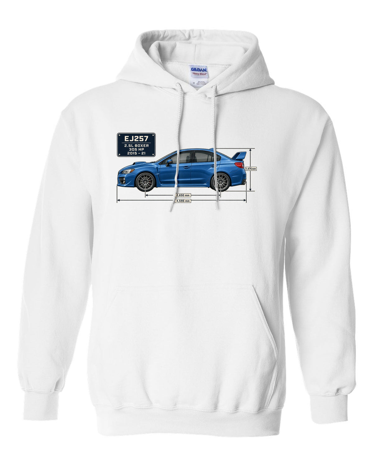 Subaru WRX STI VA sedan blueprint profile in blue-grey white pull over hoodie front view with the design