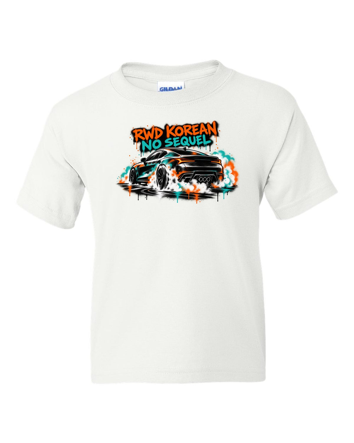 Hyundai Genesis Coupe BK2 stencil spray burnout print with RWD Korean no sequel text white kids tee front view with the design