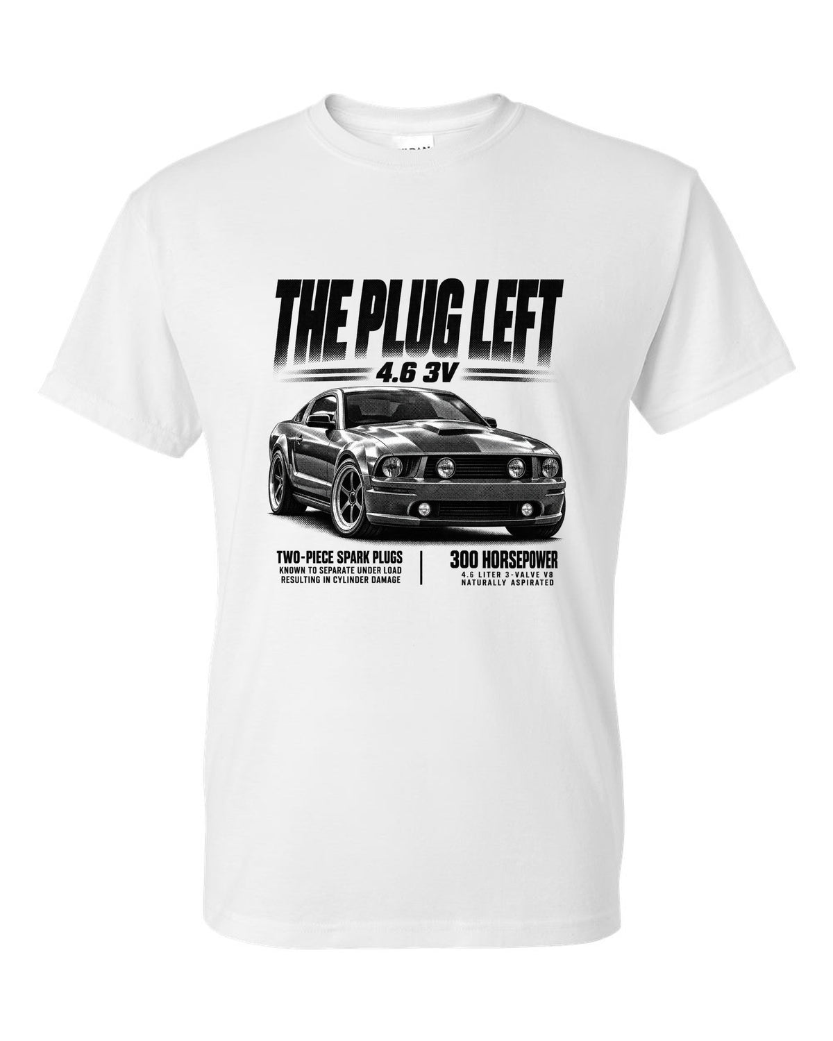 Halftone print of a 2005-09 Ford Mustang S197 GT with 4.6 3V text white t-shirt front view with the design
