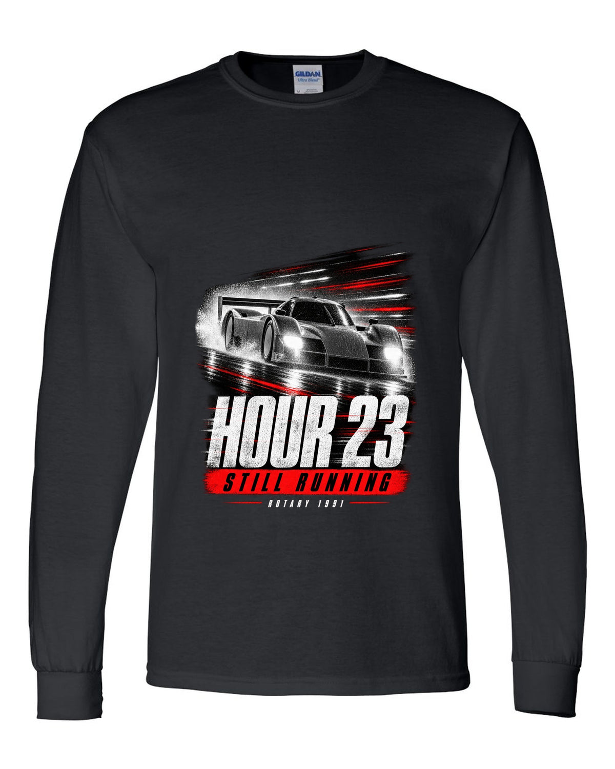 Cropped Mazda 787B race poster reading hour 23 still running rotary 1991 black long sleeve front view with the design