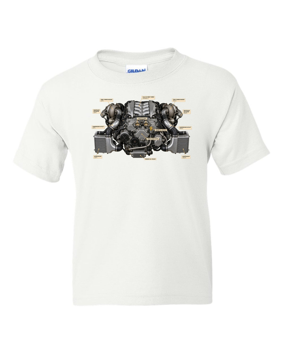 Nissan GT-R R35 2009 Premium dimension blueprint with engine text white kids tee front view with the design