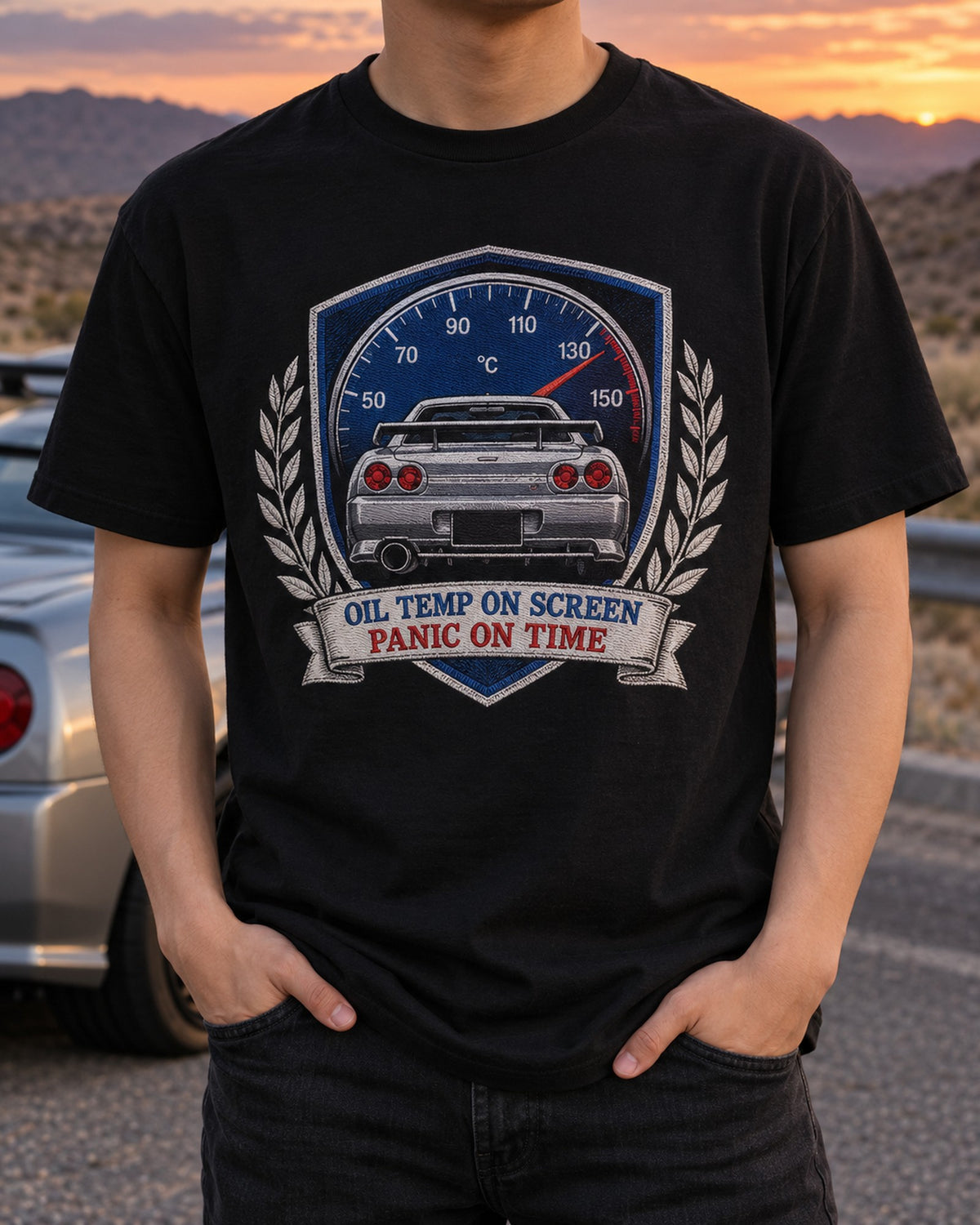 BNR34 Skyline GT-R Oil Temp Shield Crest Shirt, Car Guy Gift T-Shirt Black worn hero