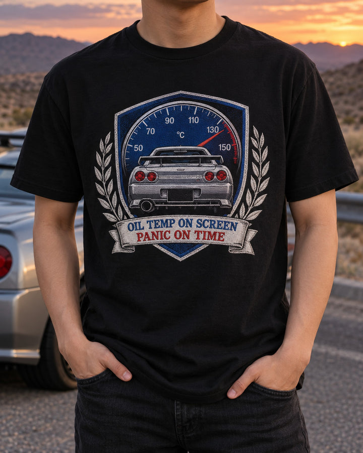 BNR34 Skyline GT-R Oil Temp Shield Crest Shirt, Car Guy Gift T-Shirt Black worn hero