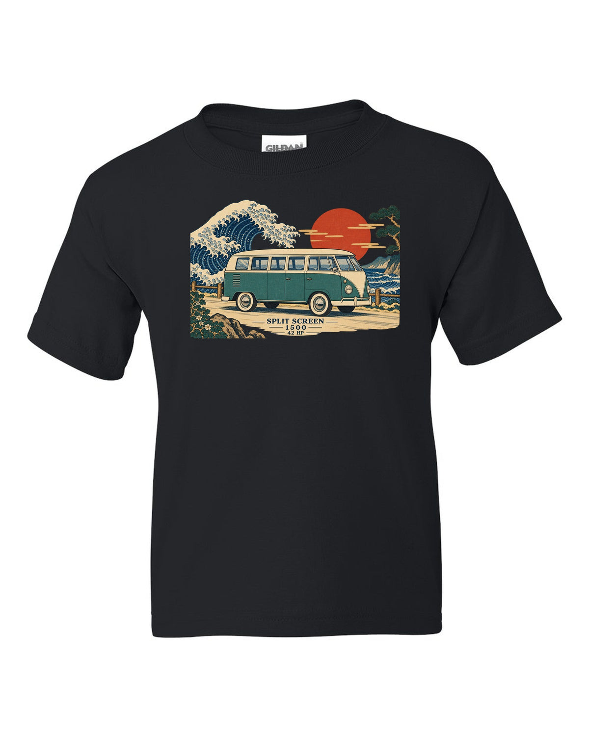 Ukiyo-e woodblock of a 1963 split-window VW Bus T1 with a wave and 42 HP lettering black kids tee front view with the design
