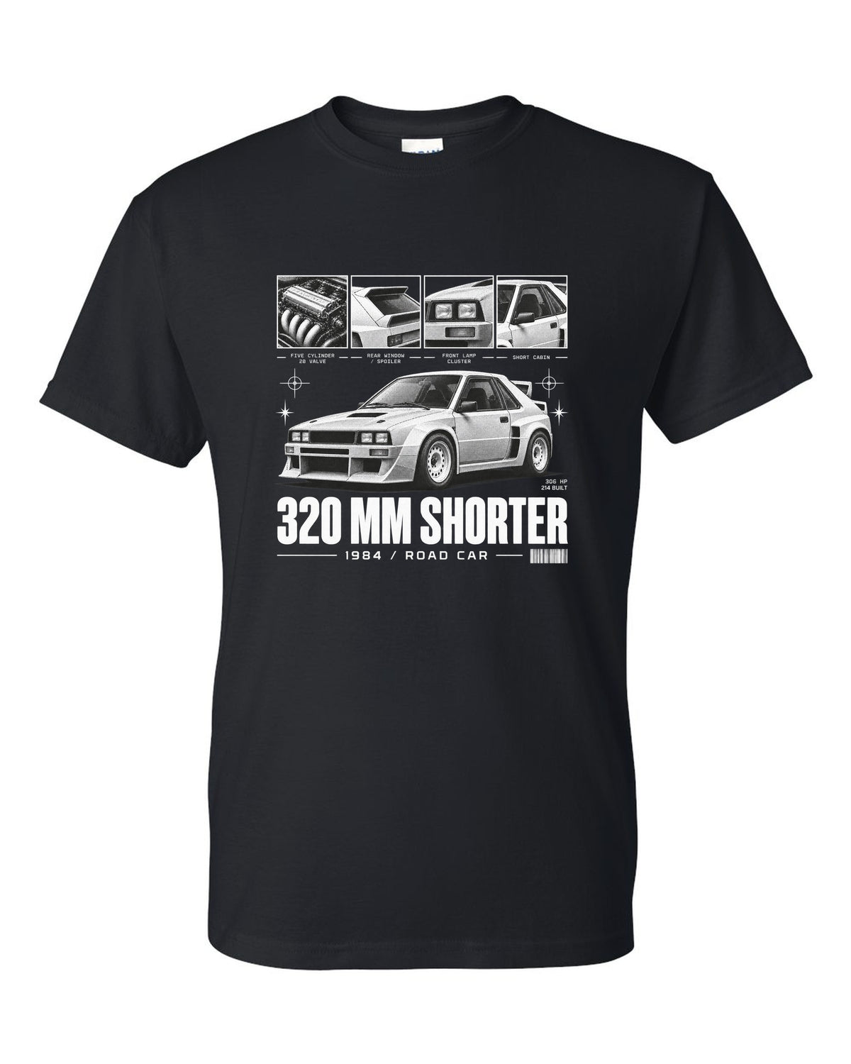 Audi Sport Quattro SWB 1984 Dossier black t-shirt front view with the design