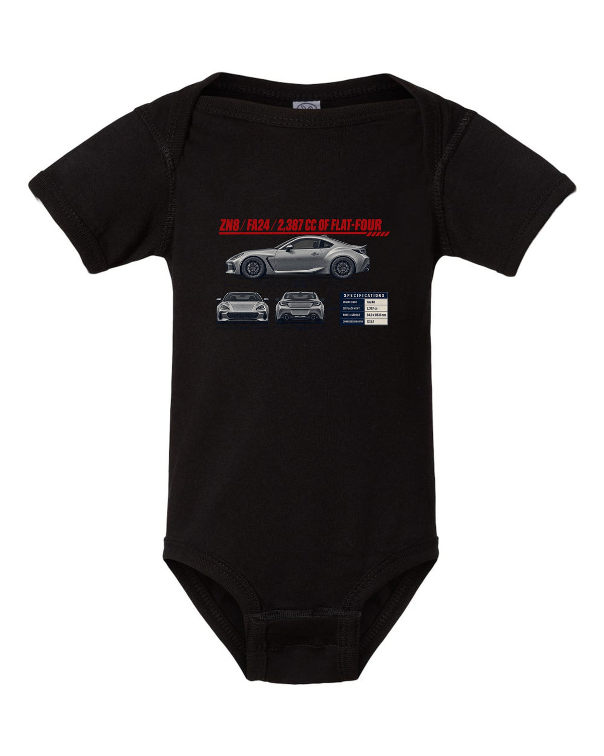 Three-view drawing with spec table of a Toyota GR86 ZN8, poster-style print black baby onesie front view with the design