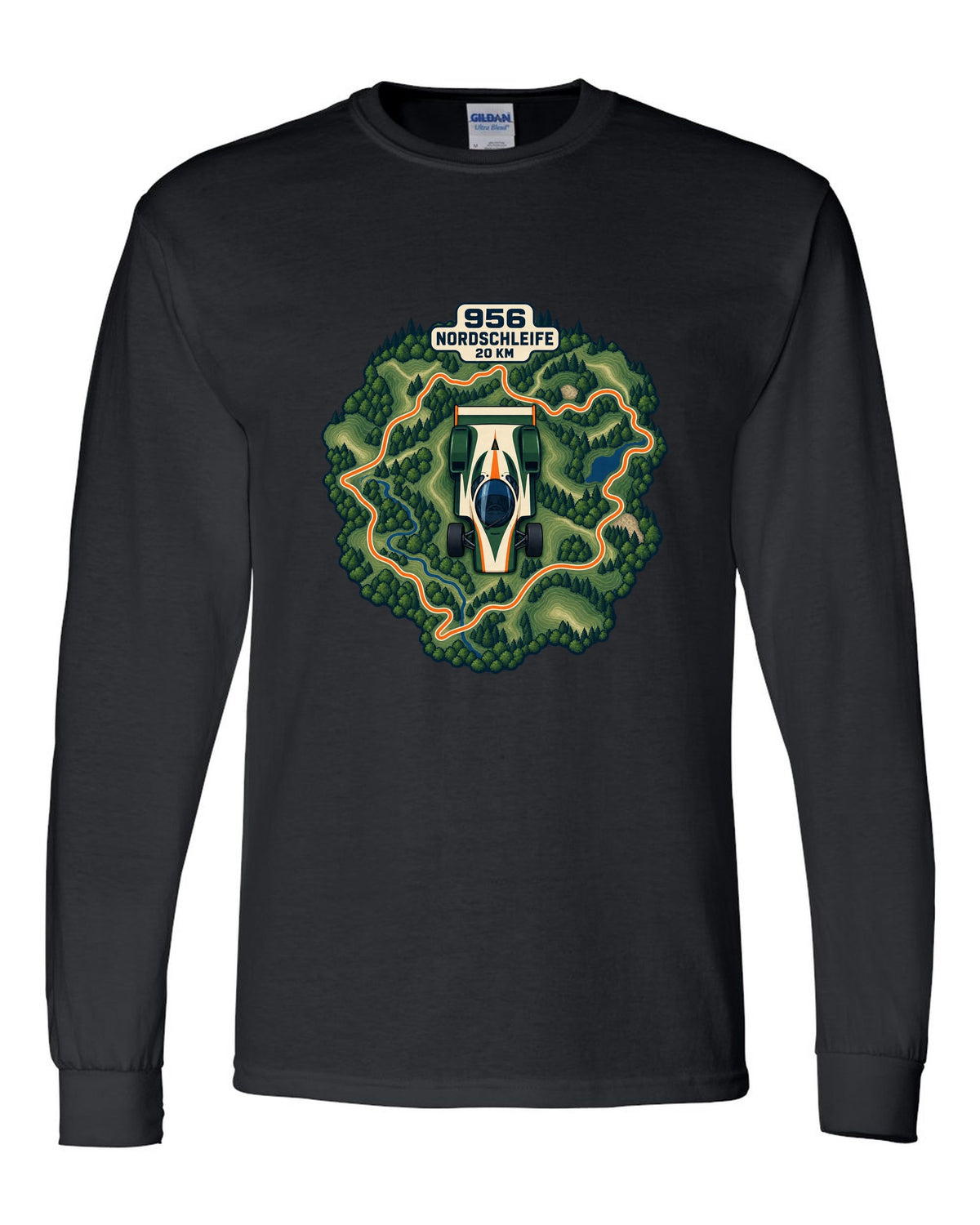 Topographic route map of the Nordschleife with Porsche 956 lettering black long sleeve front view with the design