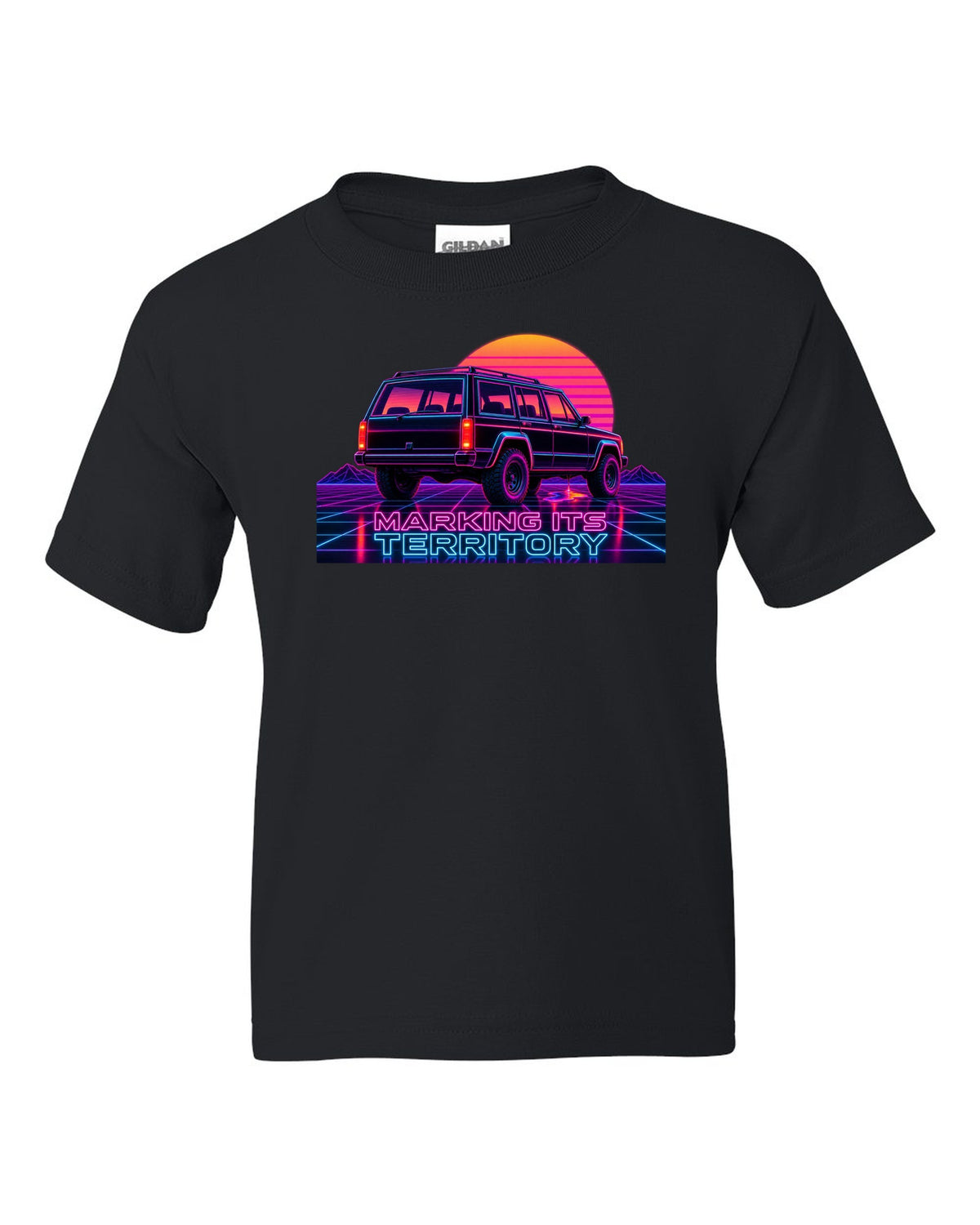 Neon synthwave print of a Jeep Cherokee XJ with the words Marking Its Territory black kids tee front view with the design