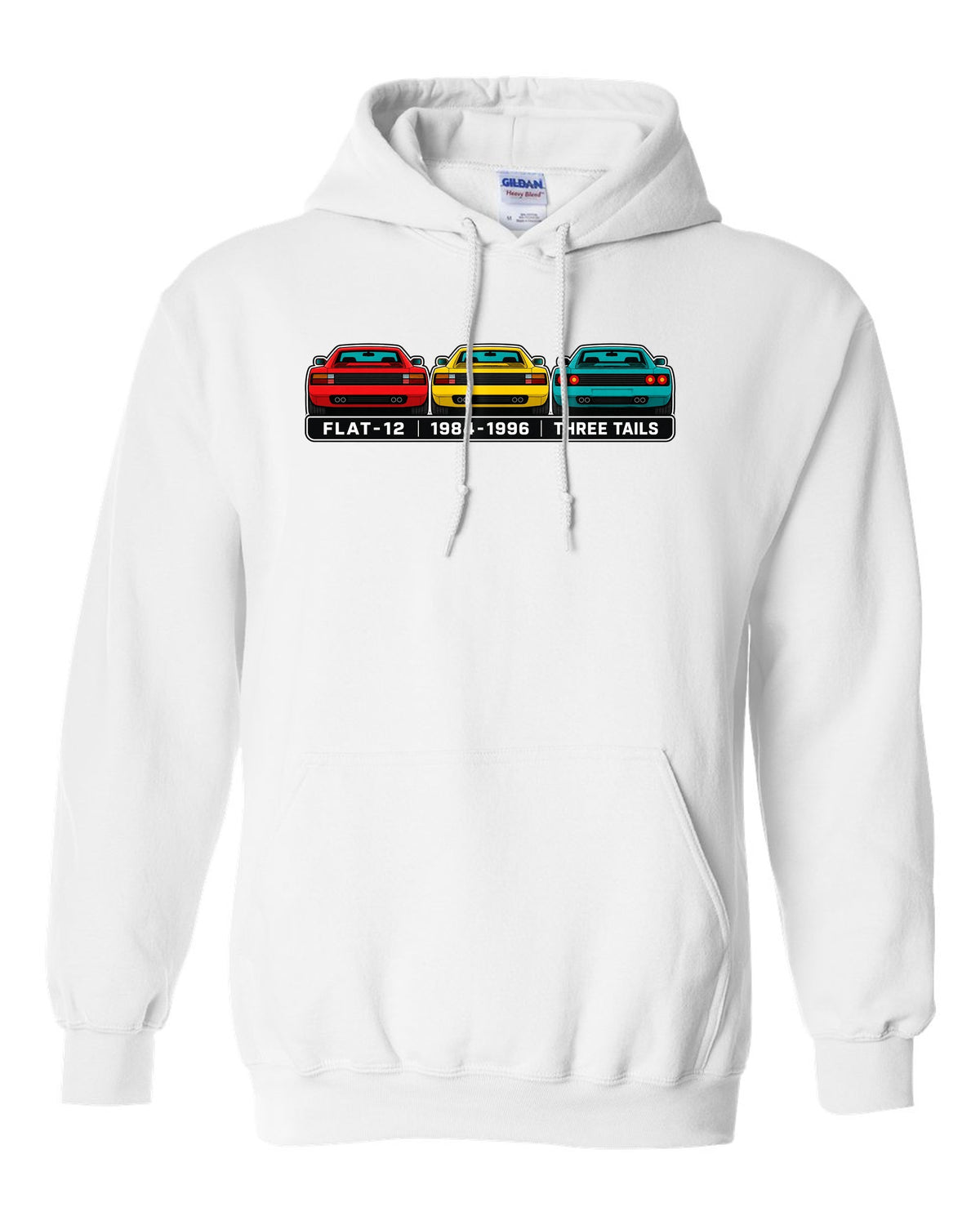 Flat colour infographic of Ferrari Testarossa, 512 TR and F512 M tail ends white pull over hoodie front view with the design