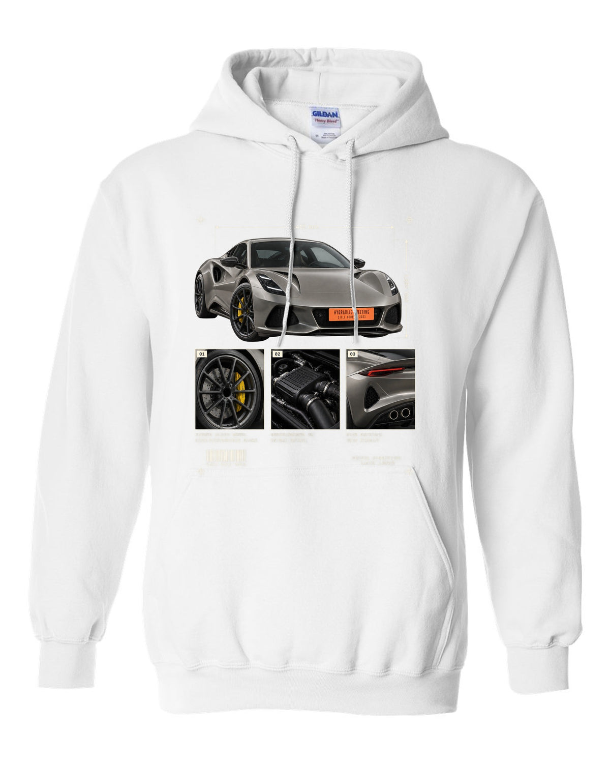 Lotus Emira V6 2021 hero view with three detail panels print with hydraulic steering text white pull over hoodie front view with the design