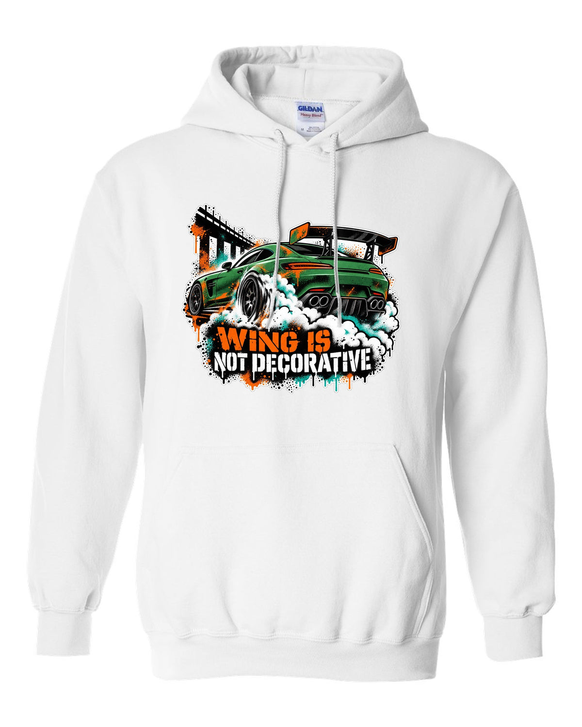 Risograph spot colour illustration of a Mercedes AMG GT R C190 in a garage with Track Day Monday Bill text white pull over hoodie front view with the design