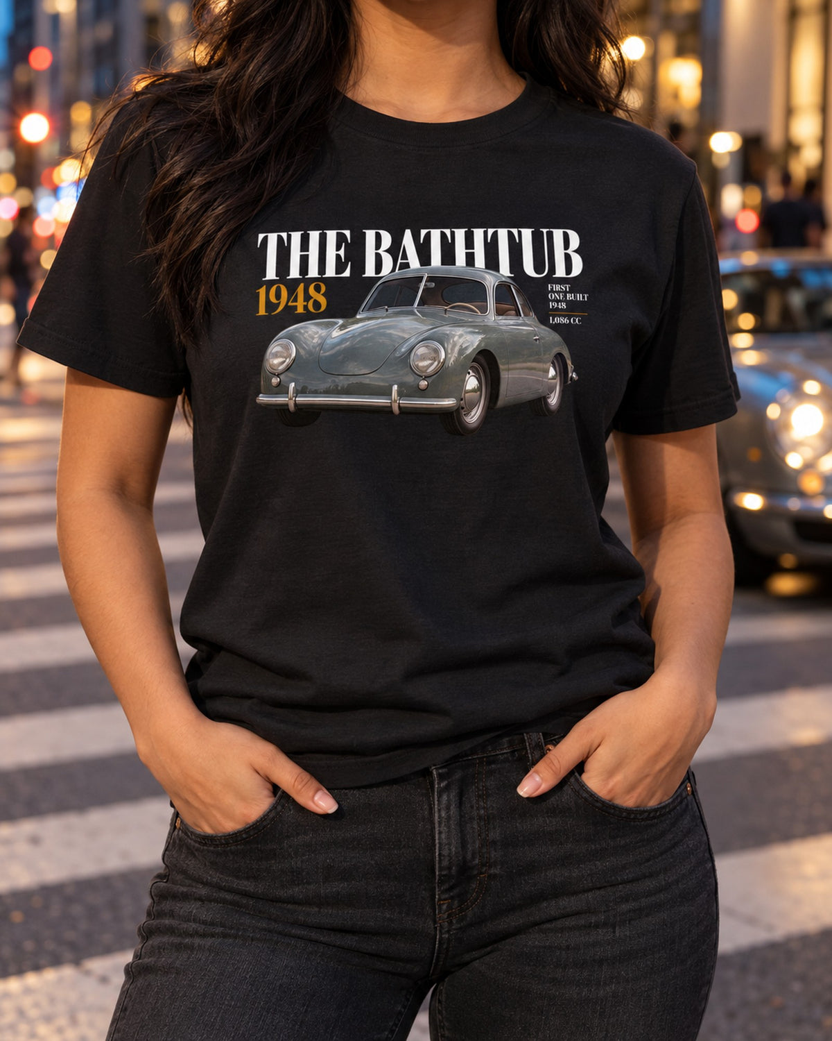 Porsche 356 Pre-A Bathtub 1948 Editorial Tee, Vintage Car Gift T-Shirt Black worn hero
