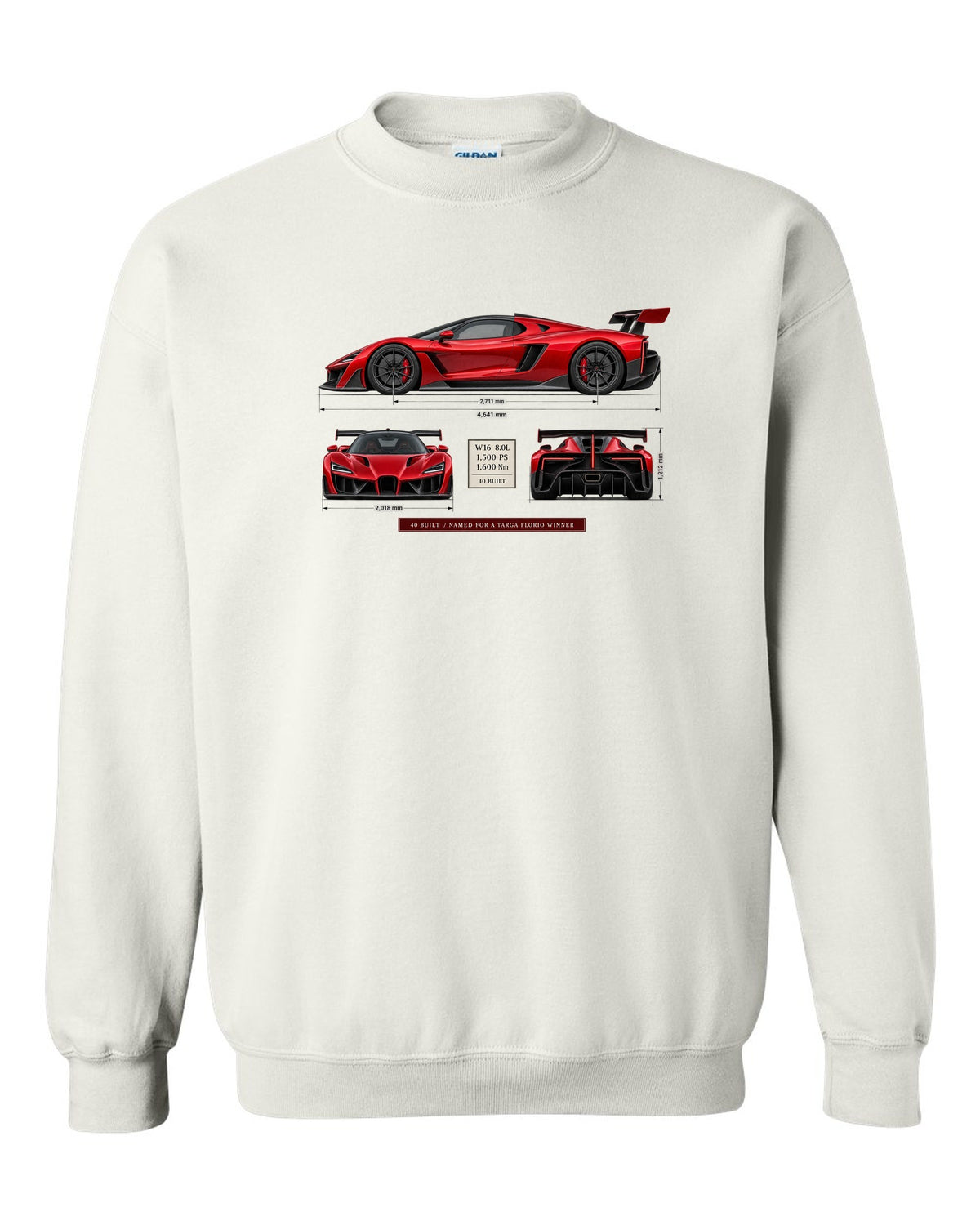 Bugatti Divo three-view print with spec table, 40 built white crewneck front view with the design