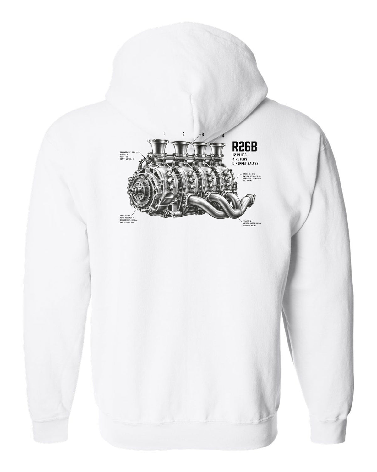 Mazda 787B R26B four-rotor engine illustration with 12 plugs and 4 rotors text white zip hoodie back view with the design