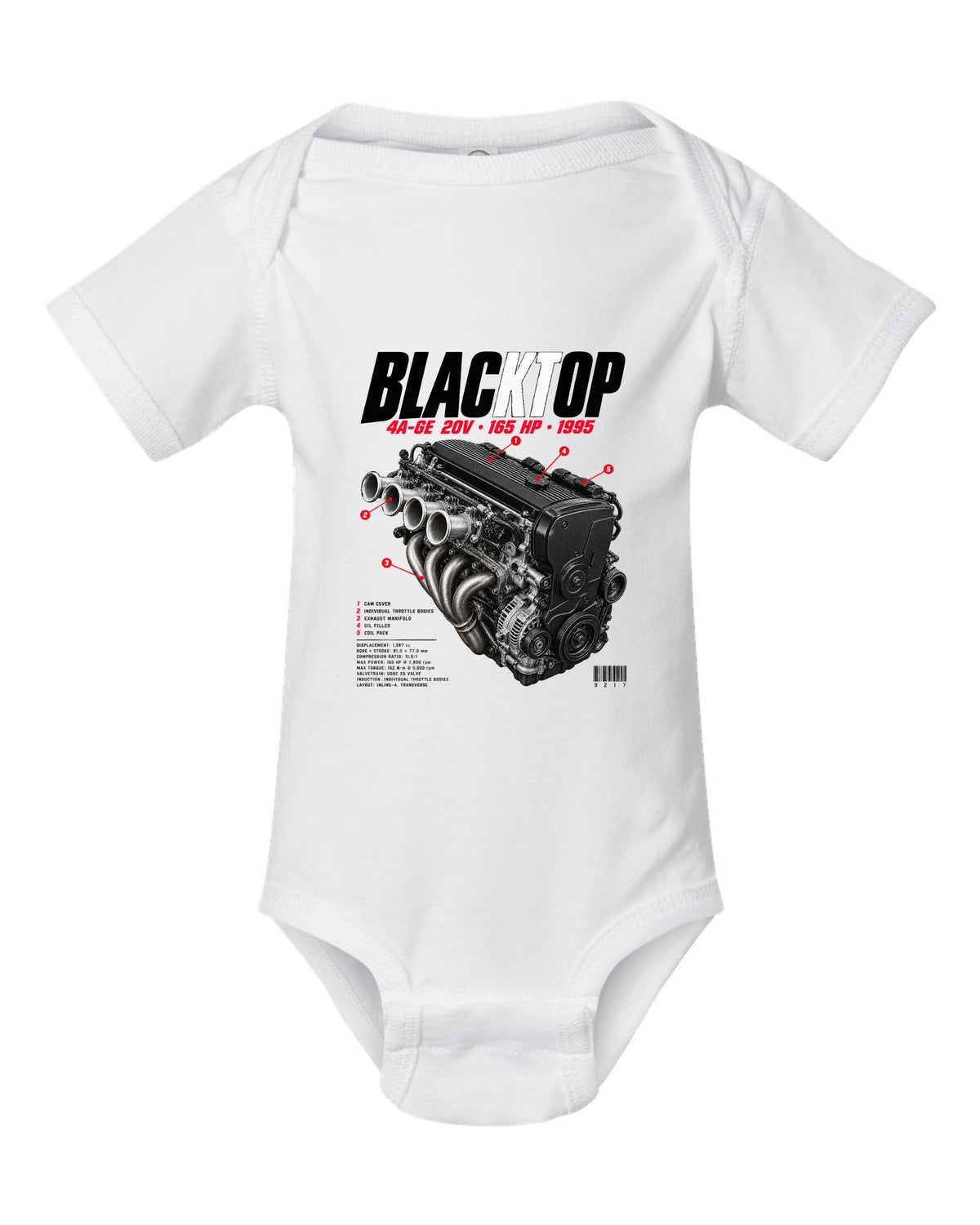 Engine bay hero print of the blacktop 4A-GE 20V in a Toyota Corolla Levin AE111 white baby onesie front view with the design