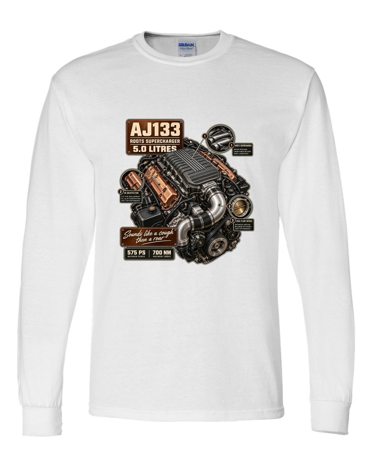 Engine hero print of the Jaguar F-Type R and SVR AJ133 supercharged 5.0 litre V8 white long sleeve front view with the design