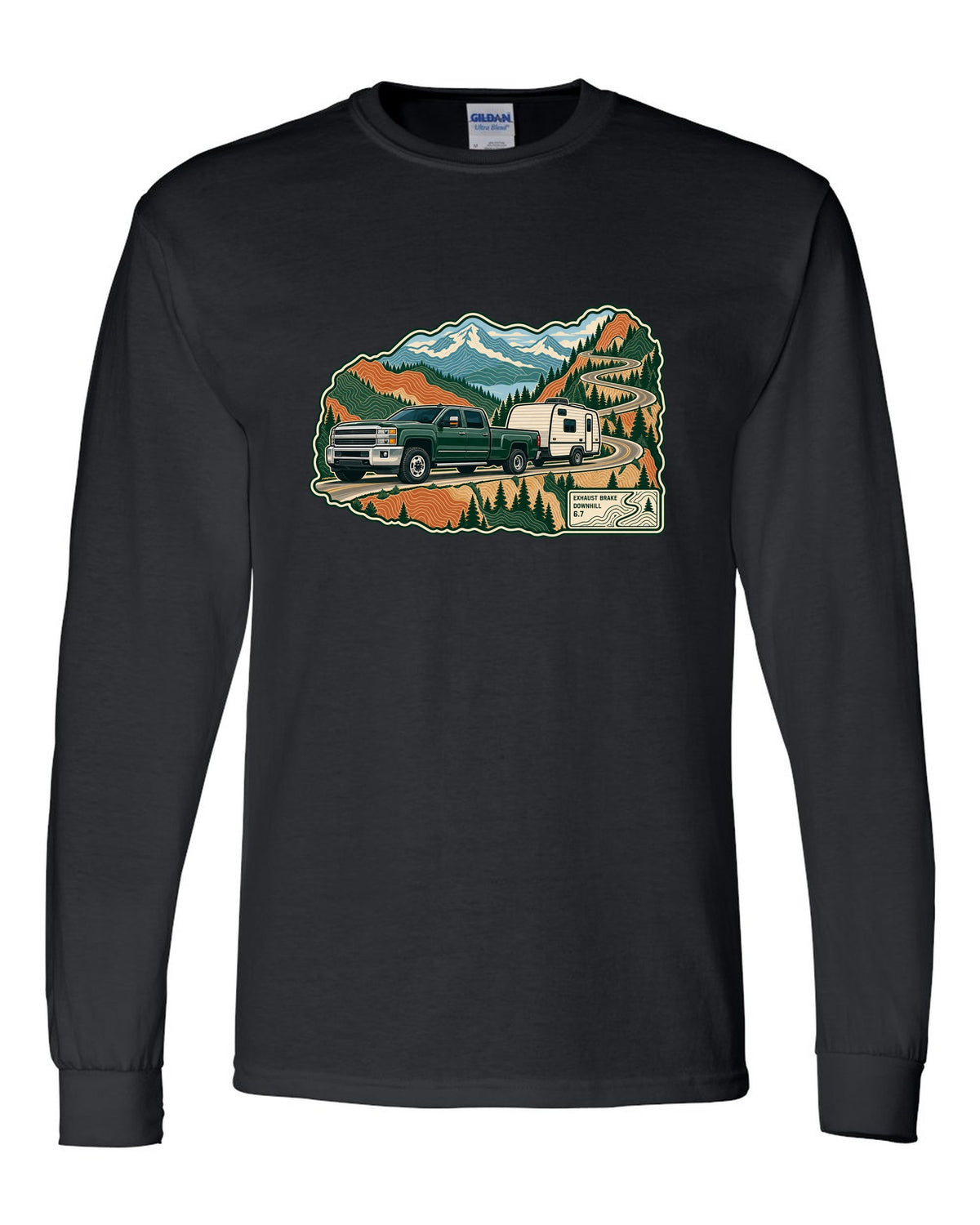 Topographic mountain pass print with a 2010-2018 Ram 2500 6.7 Cummins towing a camper black long sleeve front view with the design