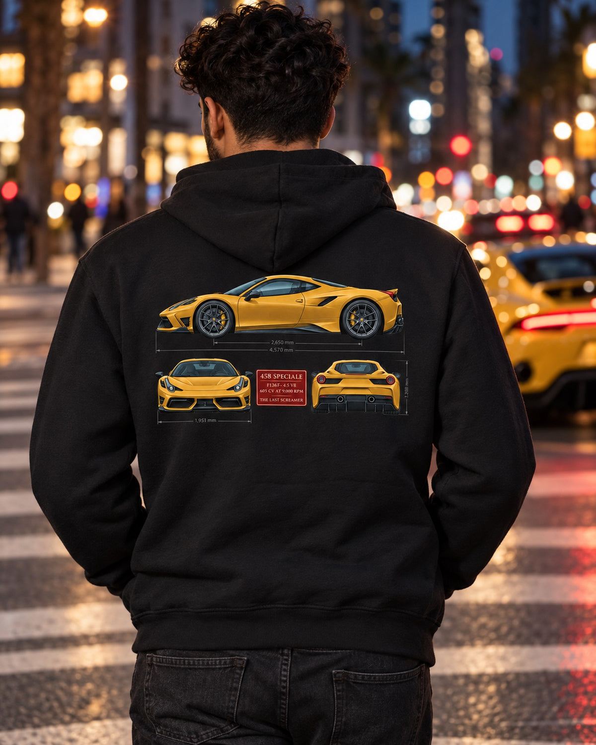 Ferrari 458 Speciale Three-View Shirt, F136FL V8 Spec Table Zip Hoodie Black worn hero