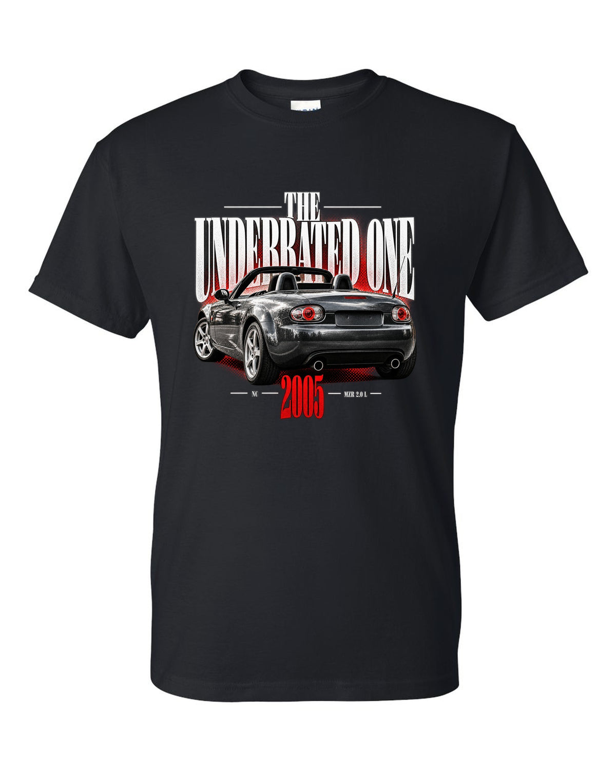 Editorial headline print of a Mazda MX-5 NC with underrated generation lettering black t-shirt front view with the design
