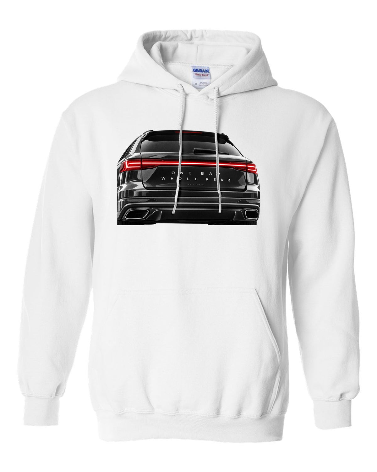 Taillight macro print of the Audi RS6 Avant C8 rear light bar white pull over hoodie front view with the design
