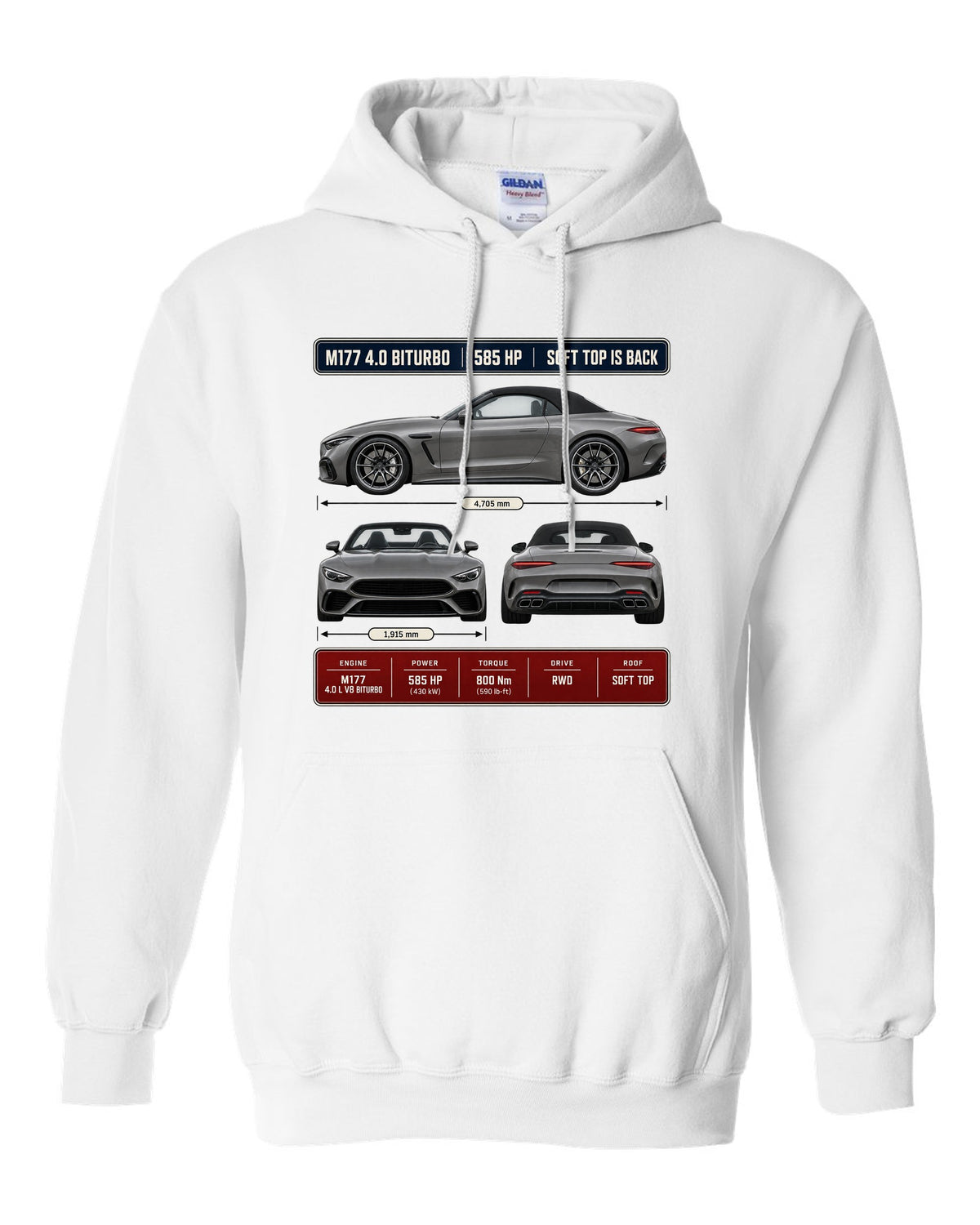 Mercedes-AMG SL63 R232 Three-View Spec white pull over hoodie front view with the design
