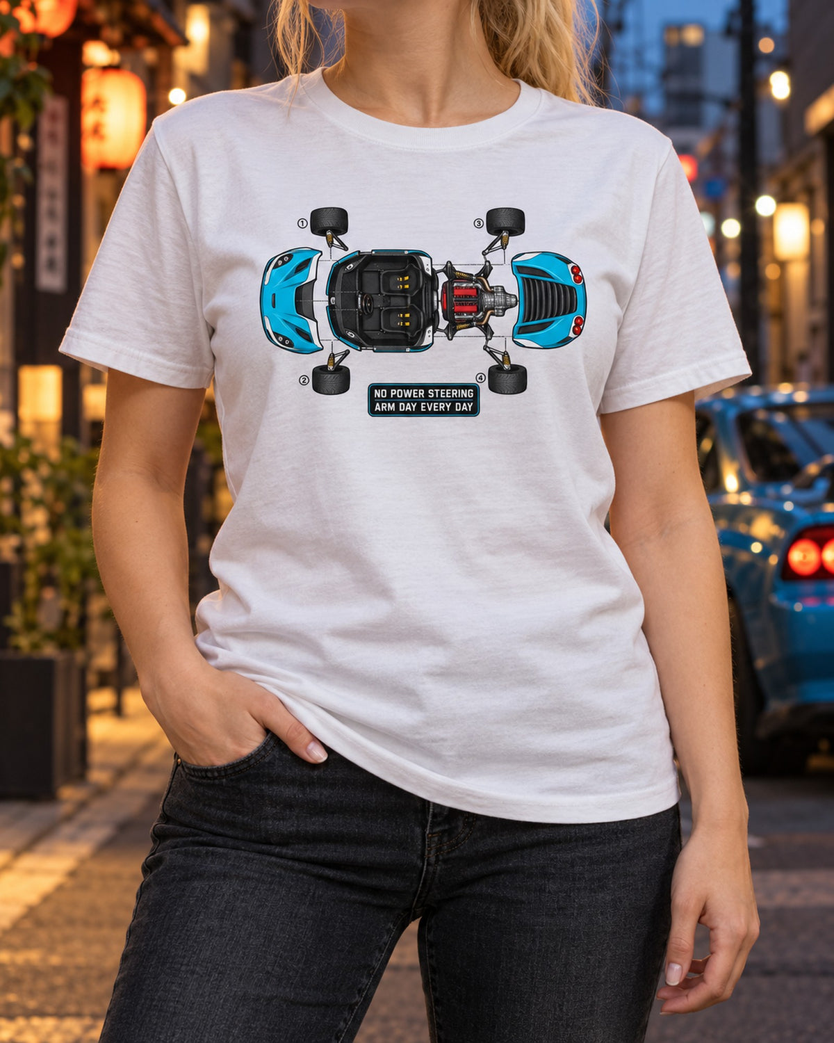Alfa Romeo 4C Exploded Blueprint Tee, Arm Day Every Day T-Shirt White worn hero