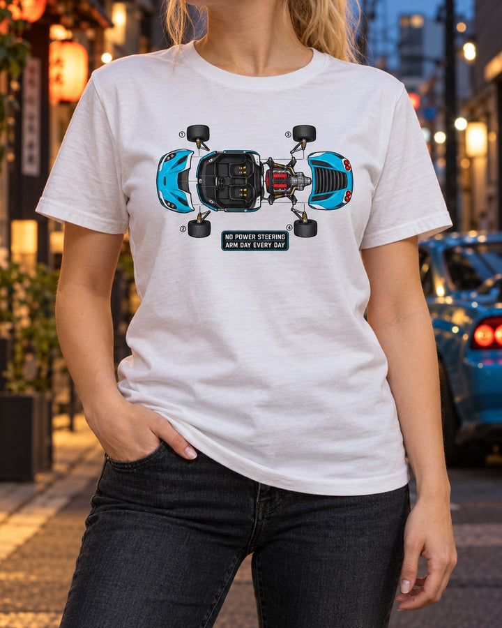 Alfa Romeo 4C Exploded Blueprint Tee, Arm Day Every Day T-Shirt White worn hero