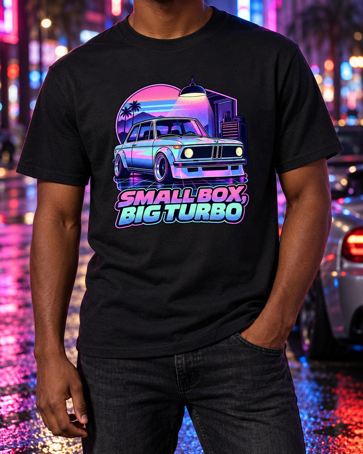BMW 2002 Turbo Pastel Vaporwave Shirt, Small Box Big Turbo T-Shirt Black worn hero