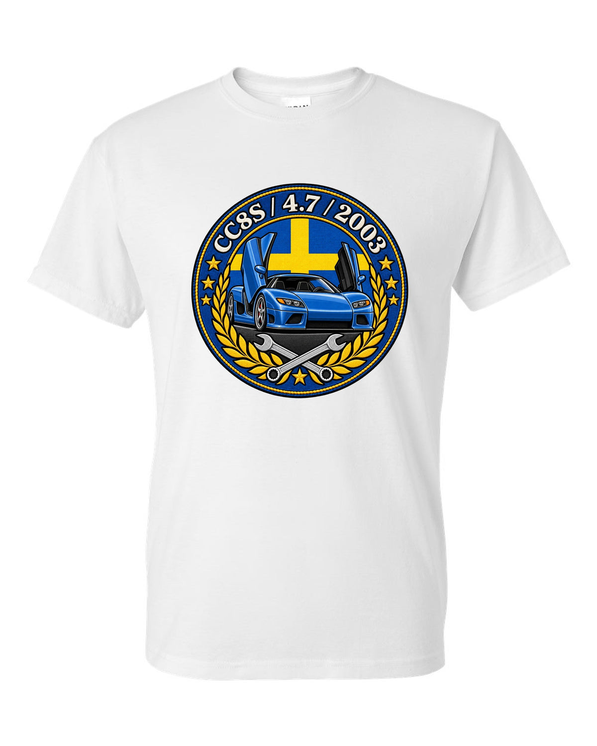 Varsity-style garage crest design for the Koenigsegg CC8S with CC8S 4.7 2003 lettering white t-shirt front view with the design